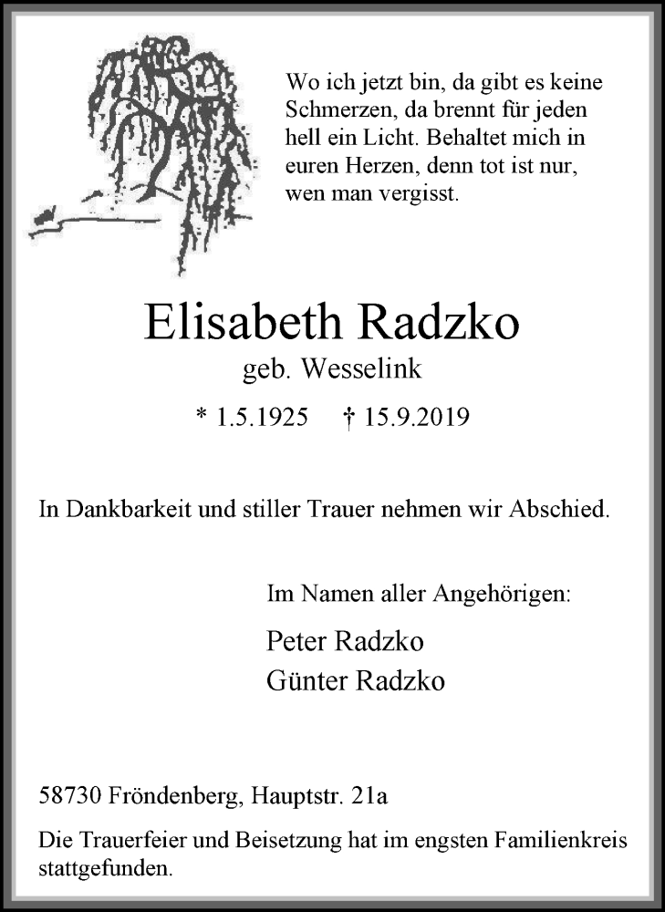  Traueranzeige für Elisabeth Radzko vom 28.09.2019 aus Stadtspiegel Menden + Froendenberg