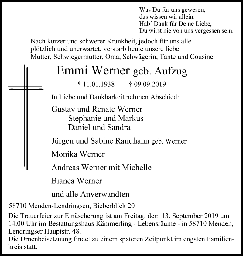  Traueranzeige für Emmi Werner vom 11.09.2019 aus Stadtspiegel Menden + Froendenberg