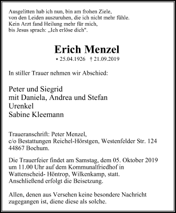 Traueranzeige von Erich Menzel von Stadtspiegel Wattenscheid