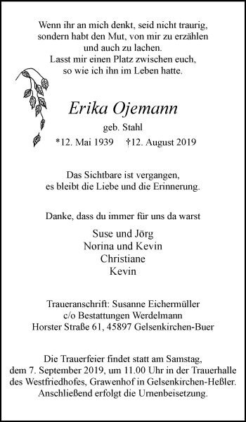Traueranzeige von Erika Ojemann von Stadtspiegel Gelsenkirchen