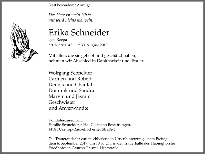  Traueranzeige für Erika Schneider vom 04.09.2019 aus Stadtanz.Castrop-Rauxel