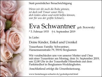 Traueranzeige von Eva Schwantner von Stadtspiegel Kamen + Unna