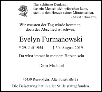 Traueranzeige von Evelyn Furmanowski von WVW Anzeigenblätter