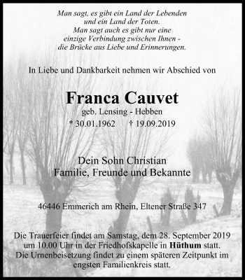 Traueranzeige von Franca Cauvet von Stadtanzeiger Emmerich/Rees/Isselburg
