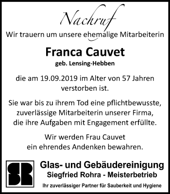 Traueranzeige von Franca Cauvet von Stadtanzeiger Emmerich/Rees/Isselburg