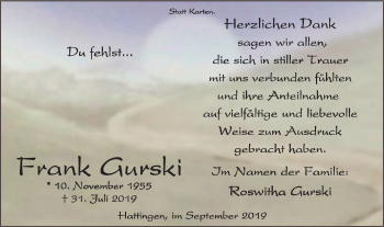 Traueranzeige von Frank Gurski von WVW Anzeigenblätter