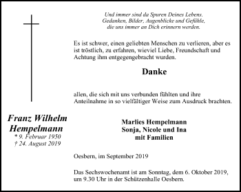 Traueranzeige von Franz Wilhelm Hempelmann von WVW Anzeigenblätter