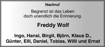 Traueranzeige von Freddy Wolf von WVW Anzeigenblätter