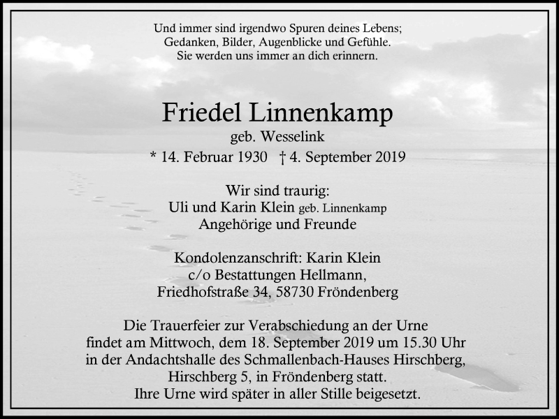  Traueranzeige für Friedel Linnenkamp vom 14.09.2019 aus Stadtspiegel Menden + Froendenberg