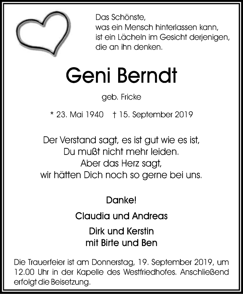  Traueranzeige für Geni Berndt vom 18.09.2019 aus Stadtspiegel Bottrop