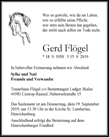 Traueranzeige von Gerd Flögel von Stadtanz.Castrop-Rauxel