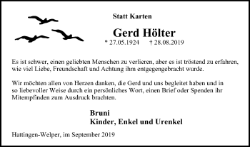 Traueranzeige von Gerd Hölter von WVW Anzeigenblätter
