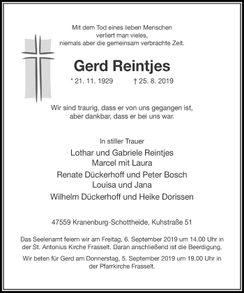 Traueranzeige von Gerd Reintjes von Klever Wochenblatt