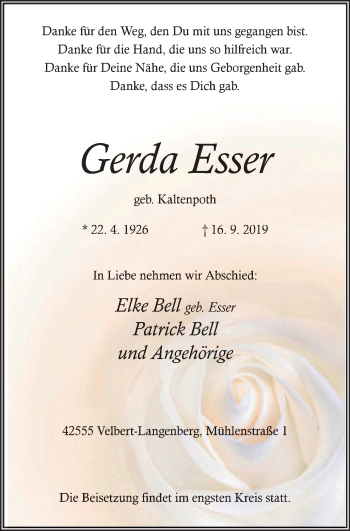 Traueranzeige von Gerda Esser von WVW Anzeigenblätter