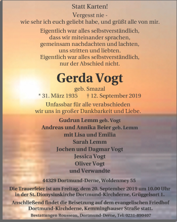 Traueranzeige von Gerda Vogt von Lüner Anzeiger