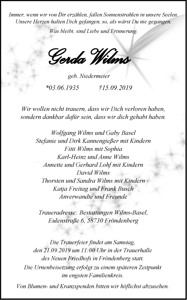  Traueranzeige für Gerda Wilms vom 18.09.2019 aus Stadtspiegel Menden + Froendenberg