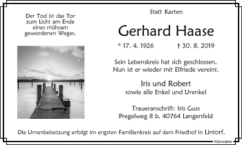 Traueranzeige von Gerhard Haase von WVW Anzeigenblätter