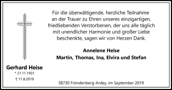Traueranzeige von Gerhard Heise von WVW Anzeigenblätter