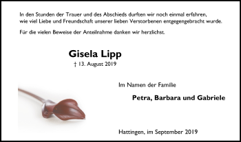 Traueranzeige von Gisela Lipp von WVW Anzeigenblätter