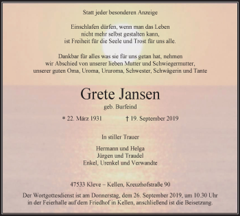 Traueranzeige von Grete Jansen von Klever Wochenblatt