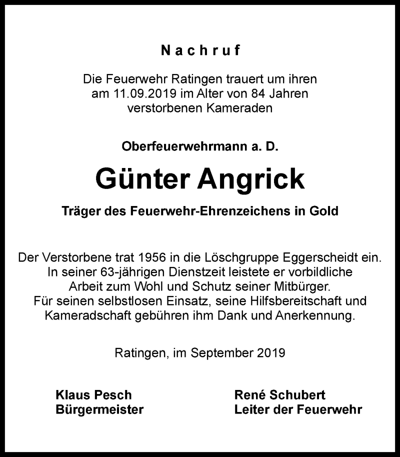  Traueranzeige für Günter Angrick vom 26.09.2019 aus WVW Anzeigenblätter