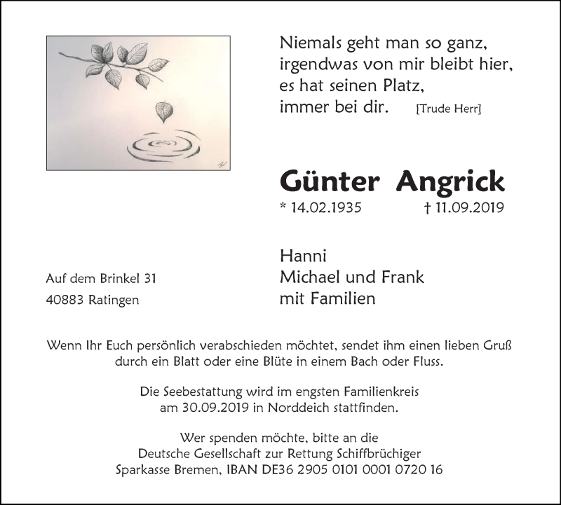  Traueranzeige für Günter Angrick vom 19.09.2019 aus WVW Anzeigenblätter
