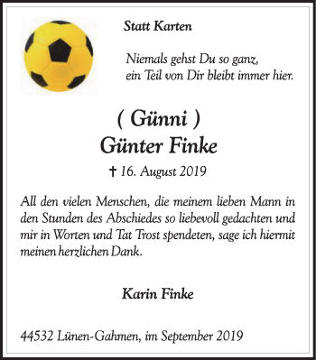 Traueranzeige von Günter Finke von Lüner Anzeiger