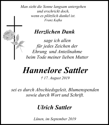 Traueranzeige von Hannelore Sattler von WVW Anzeigenblätter