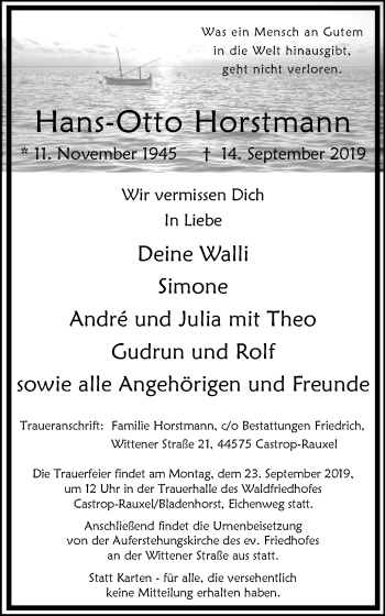Traueranzeige von Hans-Otto Horstmann von WVW Anzeigenblätter