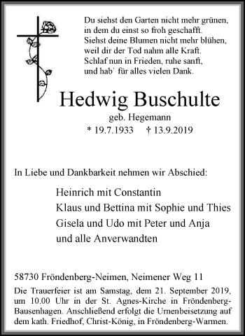 Traueranzeige von Hedwig Buschulte von Stadtspiegel Menden + Froendenberg