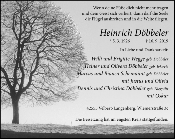 Traueranzeige von Heinrich Döbbeler von WVW Anzeigenblätter