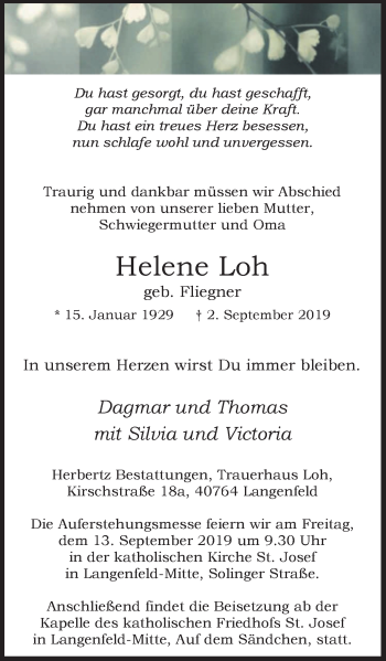 Traueranzeige von Helene Loh von Wochen-Anzeiger Langenfeld/Monheim/Hilden