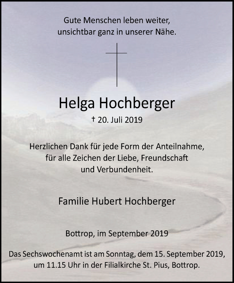  Traueranzeige für Helga Hochberger vom 04.09.2019 aus Stadtspiegel Bottrop