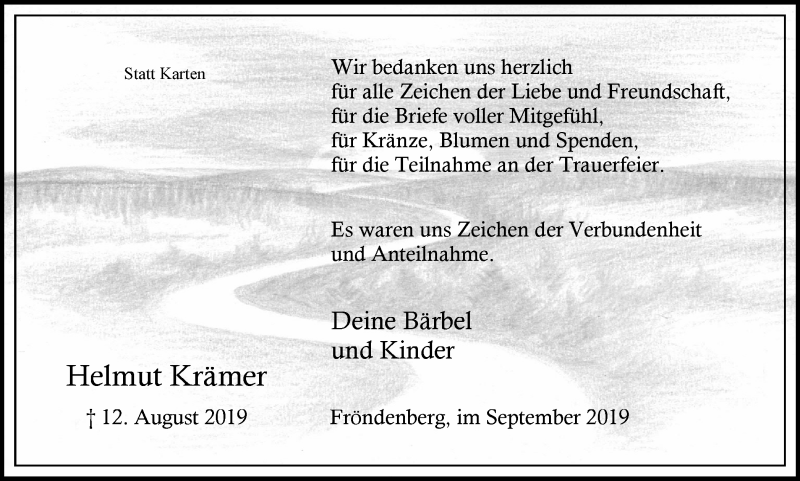  Traueranzeige für Helmut Krämer vom 07.09.2019 aus Stadtspiegel Menden + Froendenberg