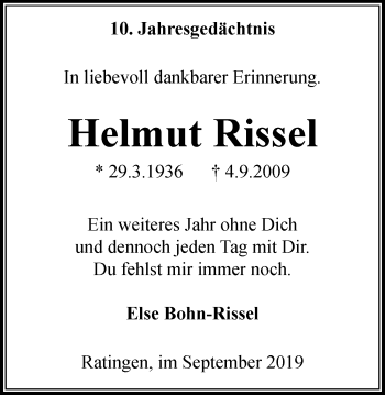 Traueranzeige von Helmut Rissel von WVW Anzeigenblätter