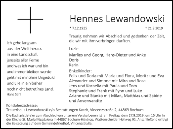 Traueranzeige von Hennes Lewandowski von Stadtspiegel Wattenscheid