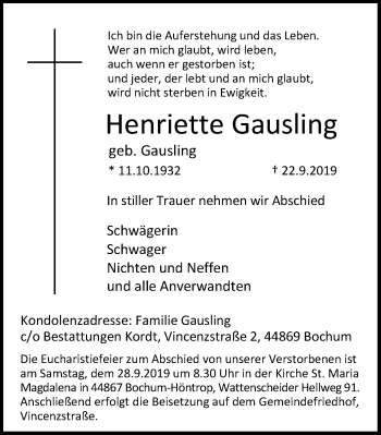 Traueranzeige von Henriette Gausling von Stadtspiegel Wattenscheid