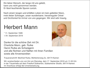 Traueranzeige von Herbert Mann von Stadtspiegel Kamen + Unna