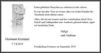 Traueranzeige von Hermann Kremper von Stadtspiegel Menden + Froendenberg