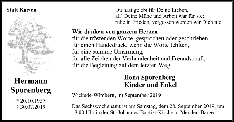  Traueranzeige für Hermann Sporenberg vom 21.09.2019 aus WVW Anzeigenblätter