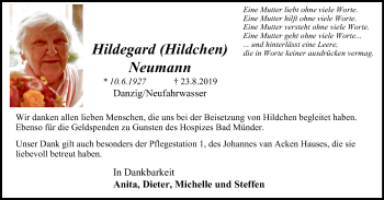 Traueranzeige von Hildegard Neumann von WVW Anzeigenblätter