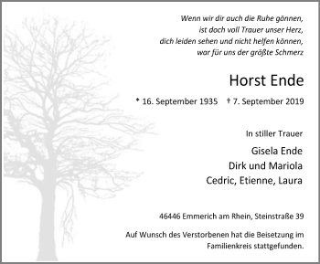 Traueranzeige von Horst Ende von WVW Anzeigenblätter