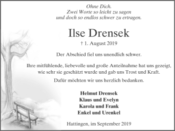 Traueranzeige von Ilse Drensek von WVW Anzeigenblätter