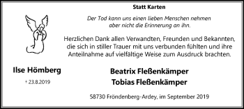 Traueranzeige von Ilse Hömberg von Stadtspiegel Menden + Froendenberg