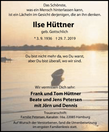 Traueranzeige von Ilse Hüttner von WVW Anzeigenblätter