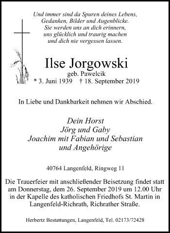 Traueranzeige von Ilse Jorgowski von WVW Anzeigenblätter