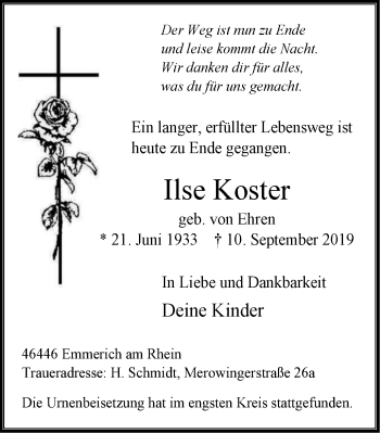 Traueranzeige von Ilse Koster von WVW Anzeigenblätter