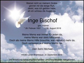 Traueranzeige von Inge Bischof von Lüner Anzeiger