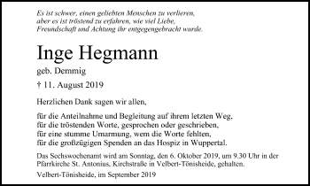 Traueranzeige von Inge Hegmann von Stadtanzeiger Velbert + Heiligenhaus