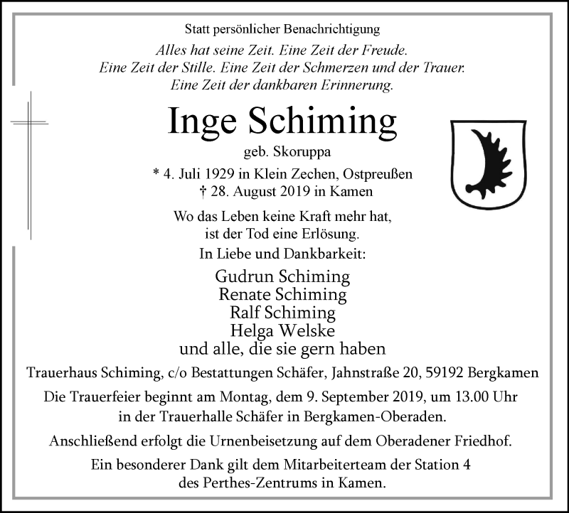  Traueranzeige für Inge Schiming vom 04.09.2019 aus Stadtspiegel Kamen + Unna